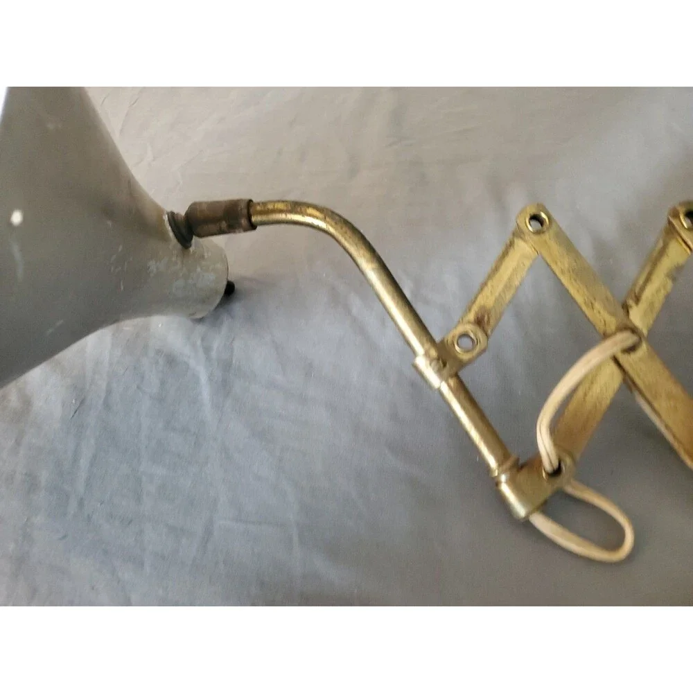 Vtg  MCM Industrial Brass Scissor Arm Star Cone Wall Lamp Extendable Sconce Work